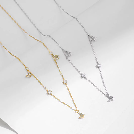 Flying Butterfly CZ Necklace 925 Sterling Silver Simple Link Chain Charms White Gold Plated Necklaces for Women Jewelry