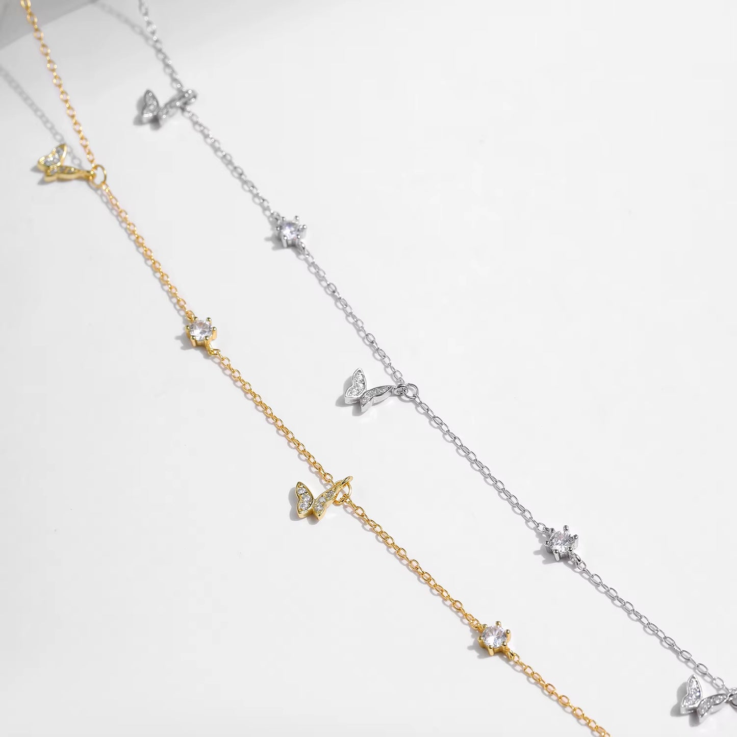 Flying Butterfly CZ Necklace 925 Sterling Silver Simple Link Chain Charms White Gold Plated Necklaces for Women Jewelry