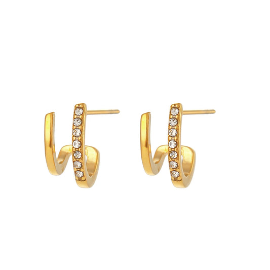 2024 New Crystal Paved Double Layer Hollow Huggie Earrings for Ladies Small Gold Plated Stainless Steel Stud Earrings