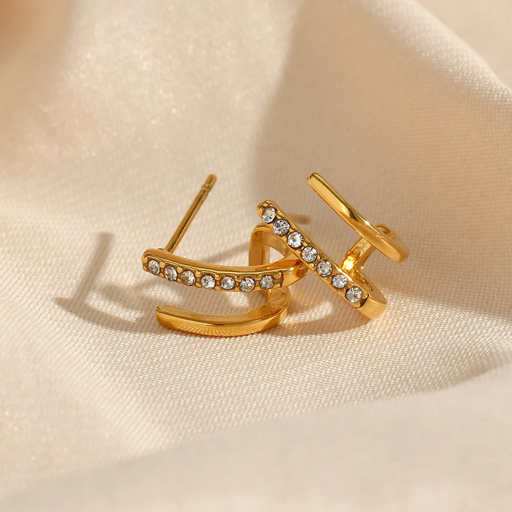 2024 New Crystal Paved Double Layer Hollow Huggie Earrings for Ladies Small Gold Plated Stainless Steel Stud Earrings
