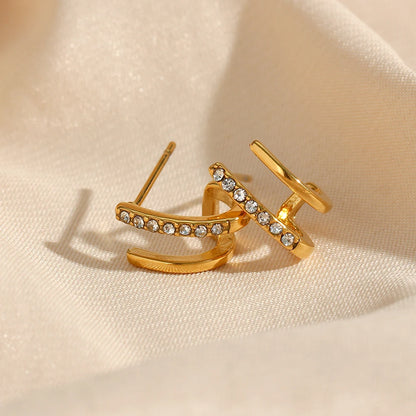 2024 New Crystal Paved Double Layer Hollow Huggie Earrings for Ladies Small Gold Plated Stainless Steel Stud Earrings